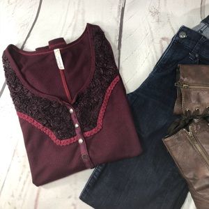 Free People Maroon Thermal Long Sleeve Yarn Neck